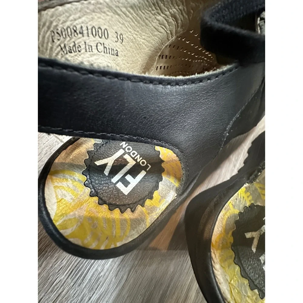Fly London Yala Black Leather Perforated Lace Up Wedge Sandals Peep Toe EU39/US8